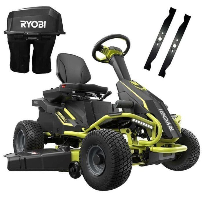 4acc502a487e4673748a6e1cab8199db-1-700x700-1.jpg RYOBI 38 in. 100Ah Battery Rear Engine Electric Riding Lawn Mower and Bagging Kit - Image 1