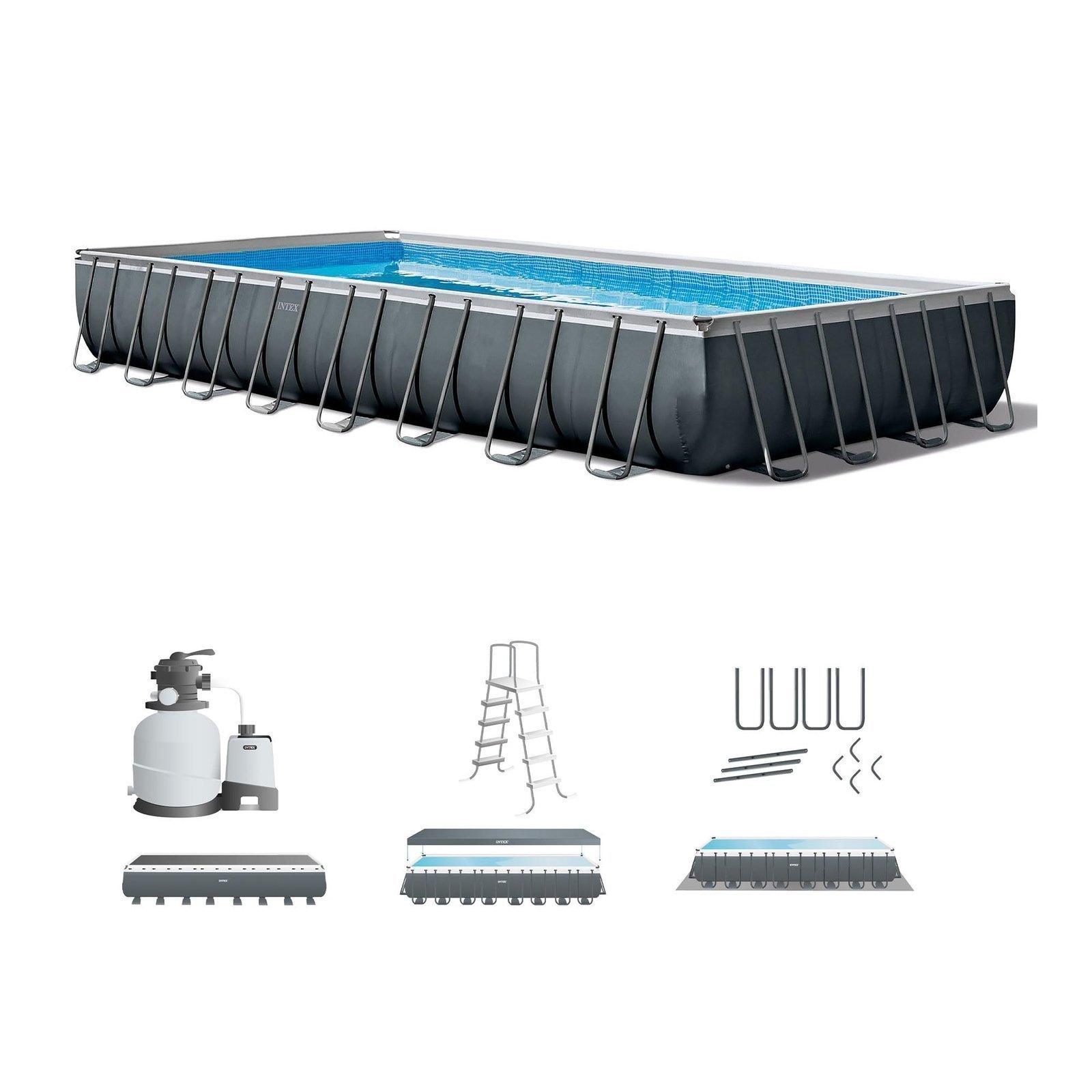 71OUtO12vHL.jpg INTEX 26373EH Ultra XTR Deluxe Rectangular Above Ground Swimming Pool Set: 32ft x 16ft x 52in – Includes 2800 GPH Sand Filter Pump – SuperTough Puncture/Rust Resistant – Easy to Assemble - Image 1