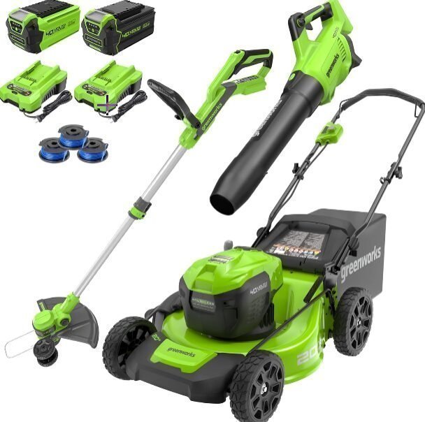 sd.jpg Greenworks 40V 20″ Cordless Mower, 500 CFM Blower, 12″ Trimmer, 2 Batteries (5Ah + 2Ah) & Chargers - Image 1
